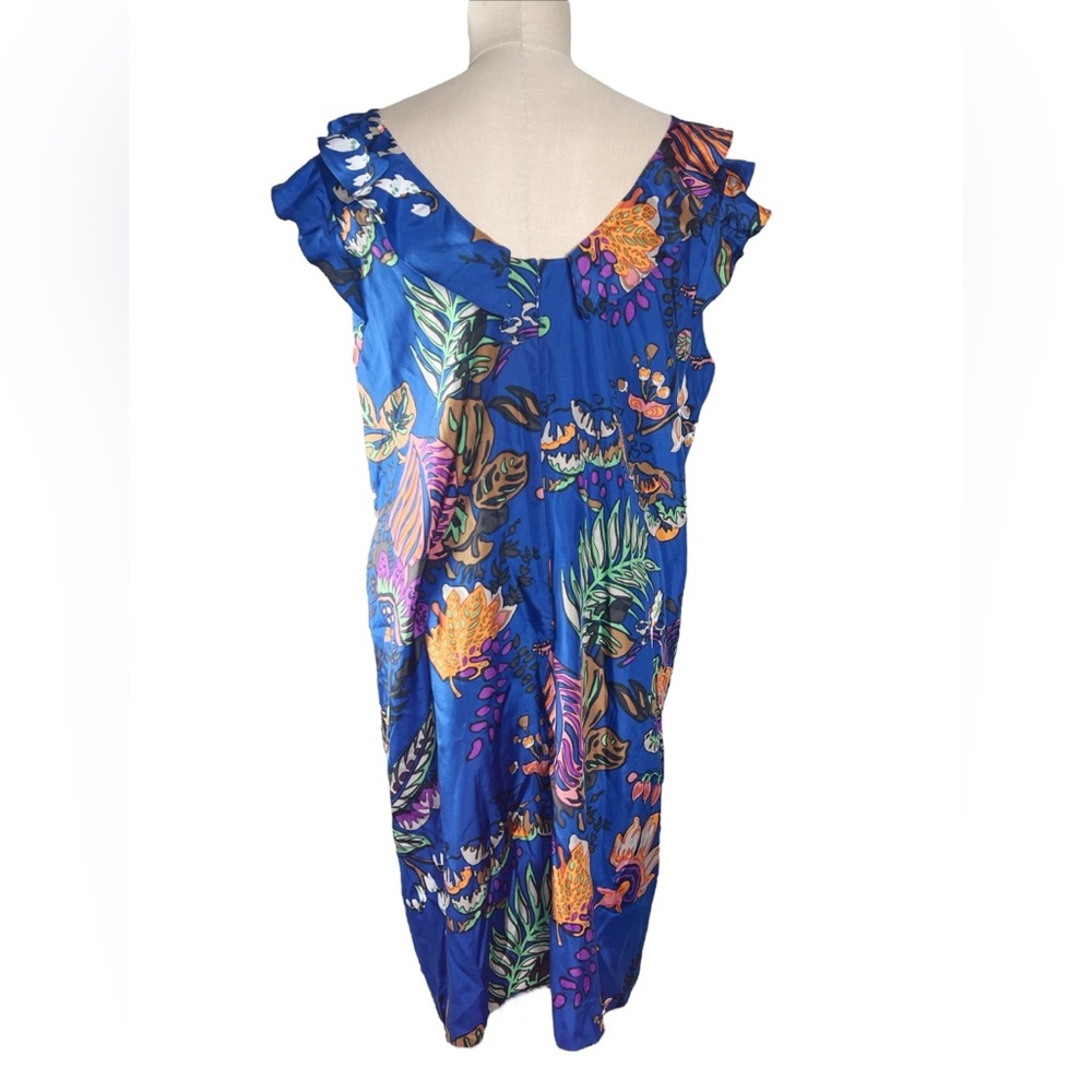 J. Crew Silk Ruffle Dress in Blue Tropical Flower Print Sz 14 EUC  Resort Cruise - Picture 3 of 7
